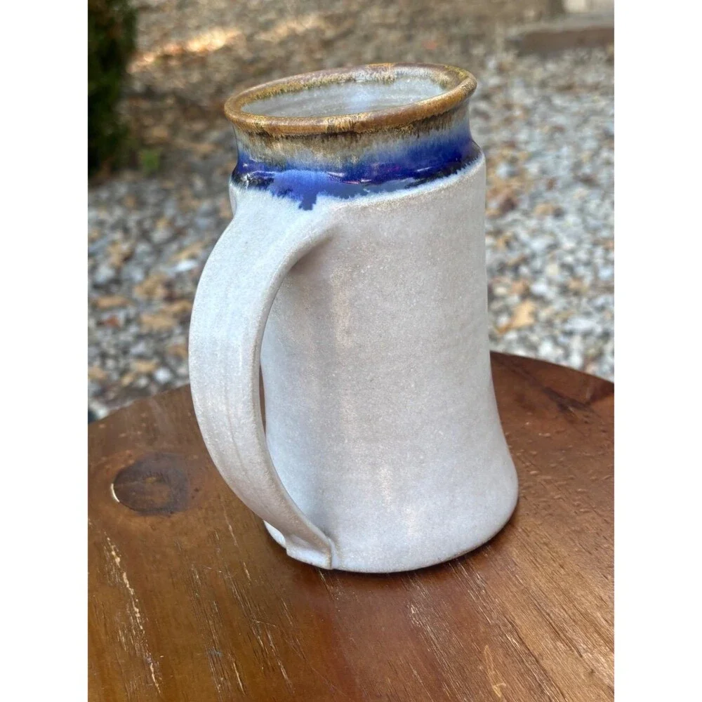 Handmade Studio Pottery Stoneware Pitcher White Blue Brown Glaze Signed